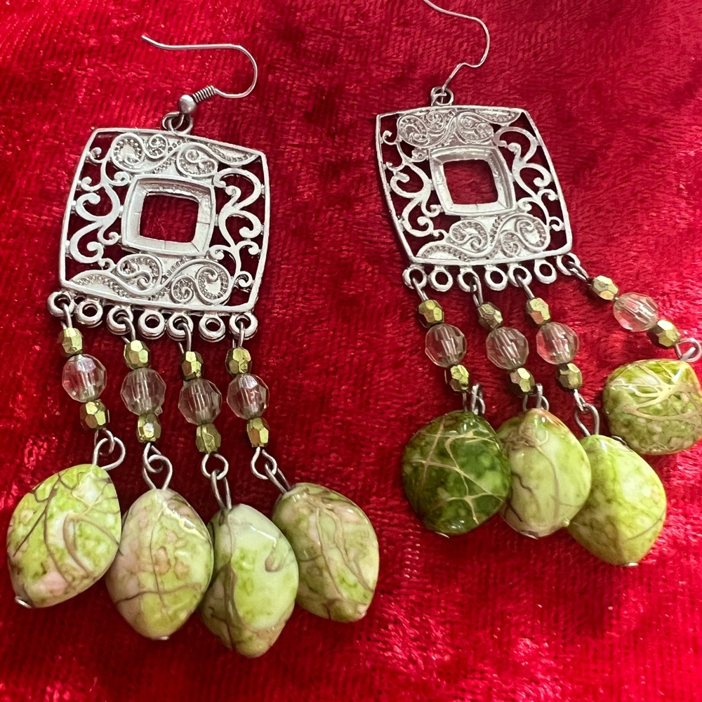 Intricate Silver and Green Dangle Earrings